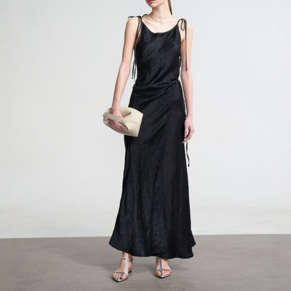 572626720 New Textured Satin Strapless Dress with Wrap Front, Pleated Satin Tie-Back Sleeveless Long Dress