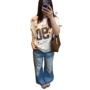 572626181 Letter Printed Asymmetrical Shoulder Short Sleeve T-Shirt