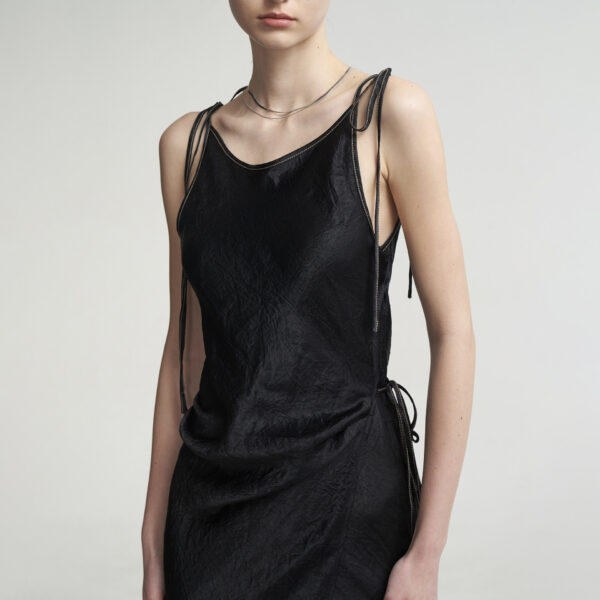 572626724 New Textured Satin Strapless Dress with Wrap Front, Pleated Satin Tie-Back Sleeveless Long Dress
