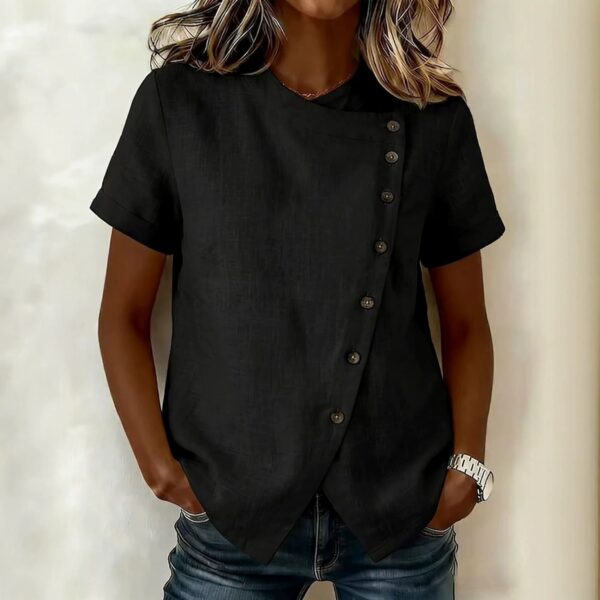 572626142 Solid color cross round neck short sleeved loose irregular top