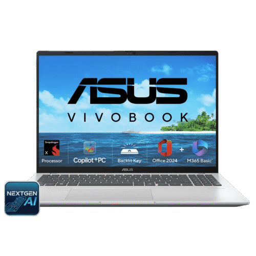 ASUS Vivobook 16 Snapdragon X X1 26 100 Thin & Light Laptop (16GB, 512GB SSD, Windows 11 Home, 16 inch WUXGA Display, MS Office Home 2024, Cool Silver, 1.88 KG)