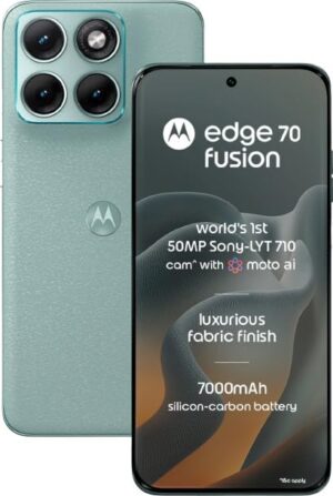 Version 1.0.0 Motorola Edge 70 Fusion (Pantone Blue Surf, 12GB RAM, 256GB Storage) | 6.78" 144Hz AMOLED Display | Snapdragon 7s Gen 4 | 50MP OIS + 13MP Camera | 32MP Selfie | 7000mAh Battery | 68W TurboPower |
