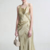 572626718 New Textured Satin Strapless Dress with Wrap Front, Pleated Satin Tie-Back Sleeveless Long Dress