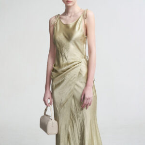 572626718 New Textured Satin Strapless Dress with Wrap Front, Pleated Satin Tie-Back Sleeveless Long Dress