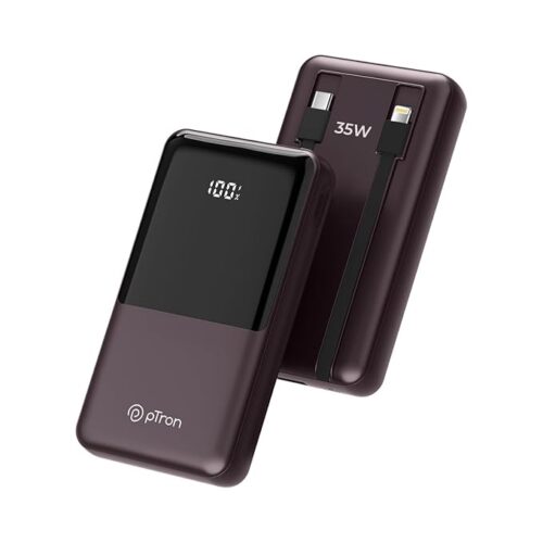 51mFUvYS7aL._SX679_.jpg pTron Dynamo Bolt 20000mAh 35W Super Fast Charging, USB Type-C Input Power Bank Compatible with QC3.0/PD3.0 (Power Delivery),Built-in Charging Cables,4 Charging Outputs,Type-C Input/Output Port(Brown)