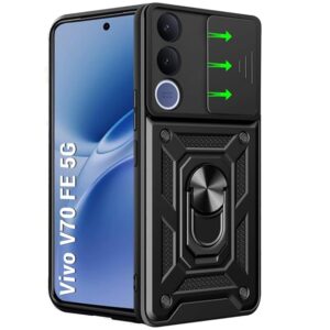 TheGiftKart Tough Armor Bumper Back Cover Case for Vivo V70 FE 5G | Sliding Camera Cover, Kickstand & Ring Holder | 360 Degree Protection Back Cover Case for Vivo V70 FE 5G (PC & TPU, Black)