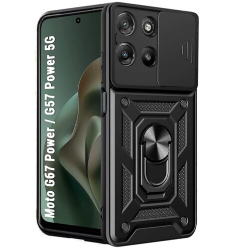 TheGiftKart Tough Armor Bumper Back Cover Case for Motorola Moto G67 Power / G57 Power 5G | Sliding Camera Cover, Kickstand & Ring Holder | 360 Degree Protection Back Cover Case (PC & TPU, Black)