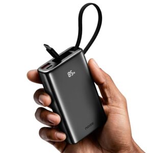 Noise Power Bank 10000mAh: Built-in Type-C Cable, 22.5W Fast Charging, 120g Ultra-Compact, LED Display for Battery%, Premium Metallic Finish, Triple Device Charging, BIS Certified (Onyx)