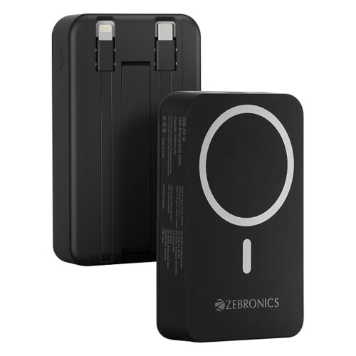 61I8JUvMPL._SX679_.jpg ZEBRONICS EnergiSafe 10R2 || 10000mAh MagSafe Wireless Power Bank | 15W Wireless & 22.5W PD (PPS) Fast Charging | Built-in Stand | Type-C & Lightning Cable | 5× Outputs | for iPhone & AirPods (Black)