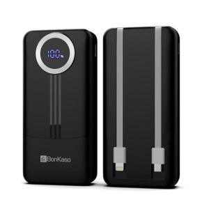 BonKaso 10000mAh Power Bank 22.5W PD Fast Charging with Built-in 2-in-1 Type C & Lightning Cable, Digital Display, Dual USB Output, Compact Portable Charger for Android, iPhone, Tablets – Black