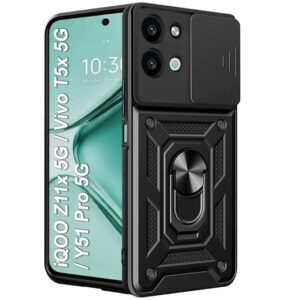 TheGiftKart Back Cover Case for iQOO Z11x / Vivo T5x / Vivo Y51 Pro 5G | Armor Bumper Case with Sliding Camera Cover, Kickstand & Ring Holder | 360° Protection iQOO Z11x Back Cover (PC & TPU, Black)