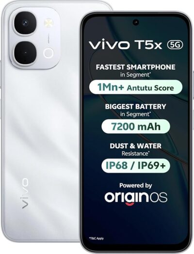 71ur3D4Wt3L._SY879_.jpg vivo T5x 5G (Star Silver, 8GB RAM, 256GB Storage) | 50MP AI Dual Camera | 32MP Selfie | 6.76" FHD+ Display | 7200mAh Battery | Dimensity 7400-Turbo Processor | Fast Charging | Dual SIM Smartphone