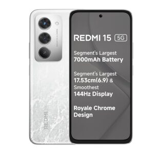 71v4LA3M6L._SX679_.jpg REDMI 15 5G Frosted White 8GB + 256GB | Segment's Largest 7000mAhA Battery | Segment's Largest Display 17.53cm(6.9) Up to 144Hz | Snapdragon 6s Gen 3 | 18W Reverse Charging | 50MP AI Dual Camera