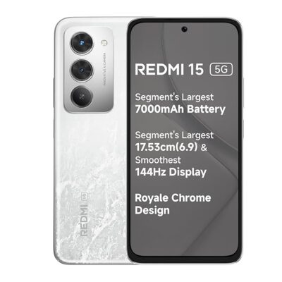 71v4LA3M6L._SX679_.jpg REDMI 15 5G Frosted White 8GB + 256GB | Segment's Largest 7000mAhA Battery | Segment's Largest Display 17.53cm(6.9) Up to 144Hz | Snapdragon 6s Gen 3 | 18W Reverse Charging | 50MP AI Dual Camera