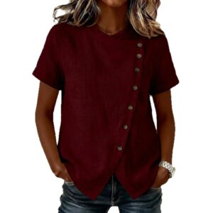 572626138 Solid color cross round neck short sleeved loose irregular top
