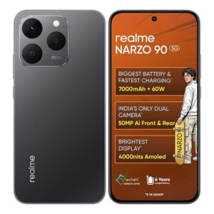 81c-THT67CL._SX679_.jpg realme NARZO 90 5G (Carbon Black,8GB+128GB) | 7000mAh Biggest Battery | 60W Fastest Charging | 50MP Front & Rear AI Cameras | 4000nits Brightest Display | AI Assist | IP69 Dust & Water Resistance