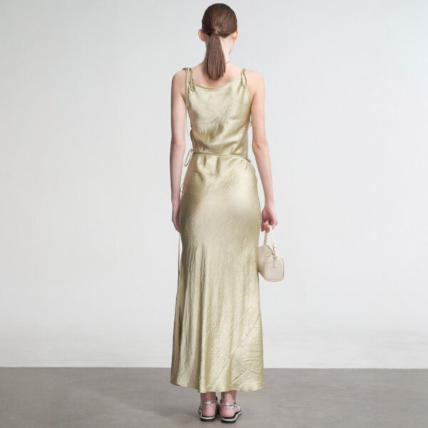 572626721 New Textured Satin Strapless Dress with Wrap Front, Pleated Satin Tie-Back Sleeveless Long Dress