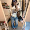 572626184 Letter Printed Asymmetrical Shoulder Short Sleeve T-Shirt