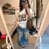572626182 Letter Printed Asymmetrical Shoulder Short Sleeve T-Shirt