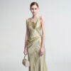 572626723 New Textured Satin Strapless Dress with Wrap Front, Pleated Satin Tie-Back Sleeveless Long Dress