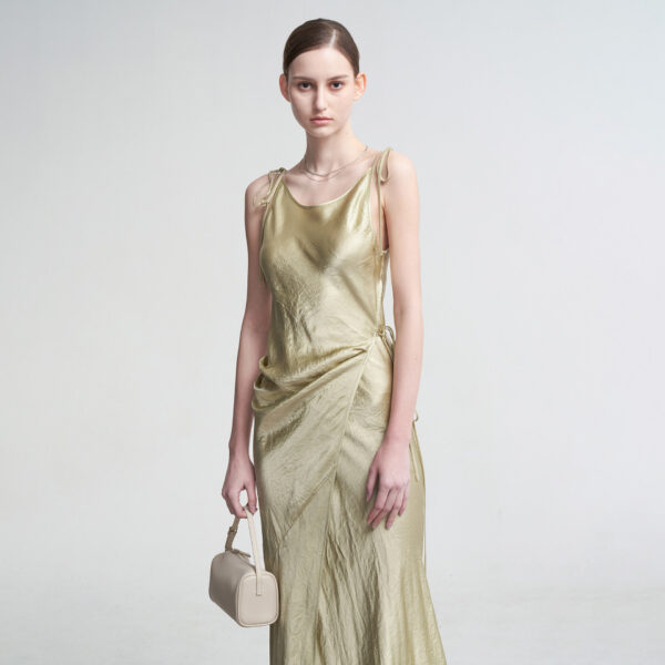 572626723 New Textured Satin Strapless Dress with Wrap Front, Pleated Satin Tie-Back Sleeveless Long Dress