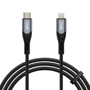 Boat Type C to Lighting Cable for 27W Fast Charging | 480 Mbps Data Transfer | 1.2 m (3.9 ft) Perfect Cable Length | Premium Nylon Braiding | Durable & Tangle-Free | with Silicon Tie (Carbon Black)