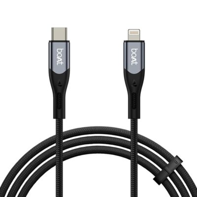 Version 1.0.0 Boat Type C to Lighting Cable for 27W Fast Charging | 480 Mbps Data Transfer | 1.2 m (3.9 ft) Perfect Cable Length | Premium Nylon Braiding | Durable & Tangle-Free | with Silicon Tie (Carbon Black)