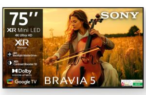 81xhouGf6mL._SL1500_.jpg Sony 189 cm (75 inches) BRAVIA 5 Series 4K Ultra HD Smart Mini LED Google TV K-75XR55A